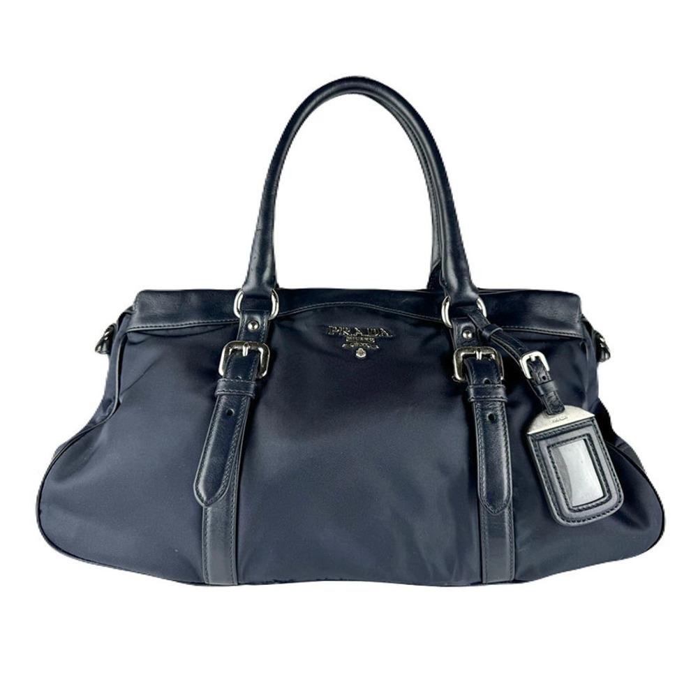 Prada 2way Shoulder Bag leather Navy Blue silver